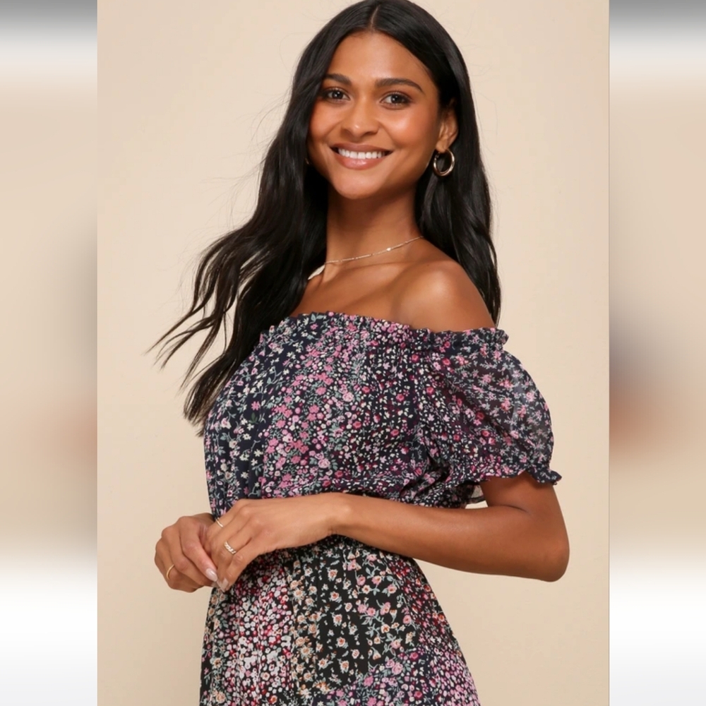 Lulus Neva Navy Blue Floral Print Off-the-Shoulder Maxi Dress Mini-Lined MED NWT - Picture 7 of 11